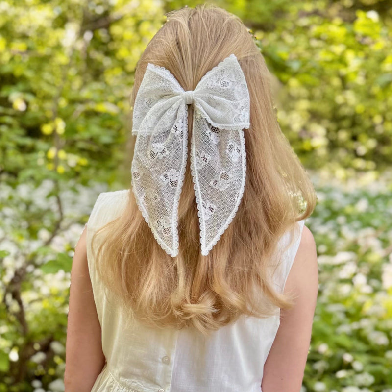 Little Love Lace Bow Barrette in Ivory, Ivory Lace hair bow child, Lace Hair Bow in Ivory, Lace hair bow flower girl, bodes girls dress, girl wearing ivory boden dress, boden flower girl, Flower girl hair bow, flower girl bow, Ivory flower girl bow for hair, hair bow for flower girl, white lace hair bow, lace hair bow clip, bridesmaid hair bow ivory,