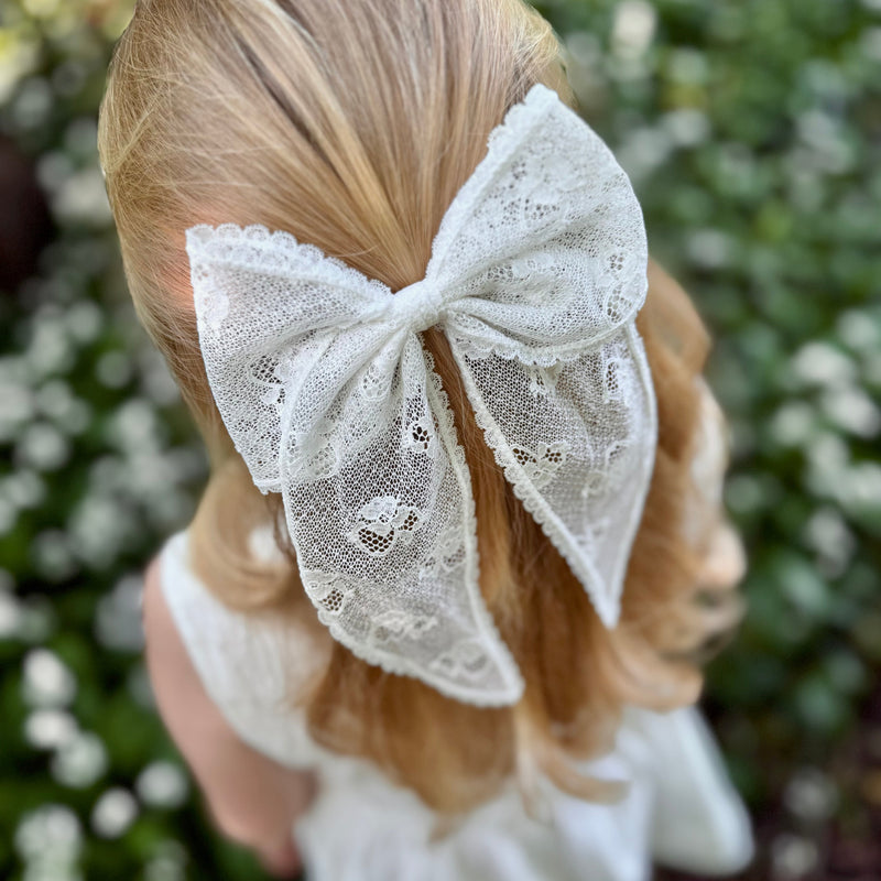 Little Love Lace Bow Barrette in Ivory, Ivory Lace hair bow child, Lace Hair Bow in Ivory, Lace hair bow flower girl, Flower girl hair bow, flower girl bow, Ivory flower girl bow for hair, hair bow for flower girl, white lace hair bow, lace hair bow clip, bridesmaid hair bow ivory