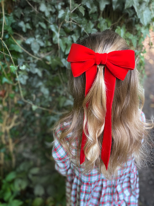 Red Velvet Hair Bow on girl with long hair