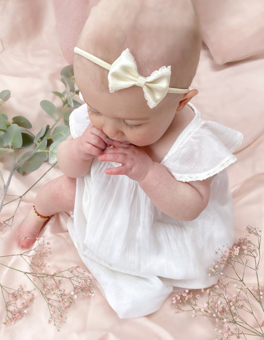 Fleur Frill Satin Baby Bow Headband / Cornflower