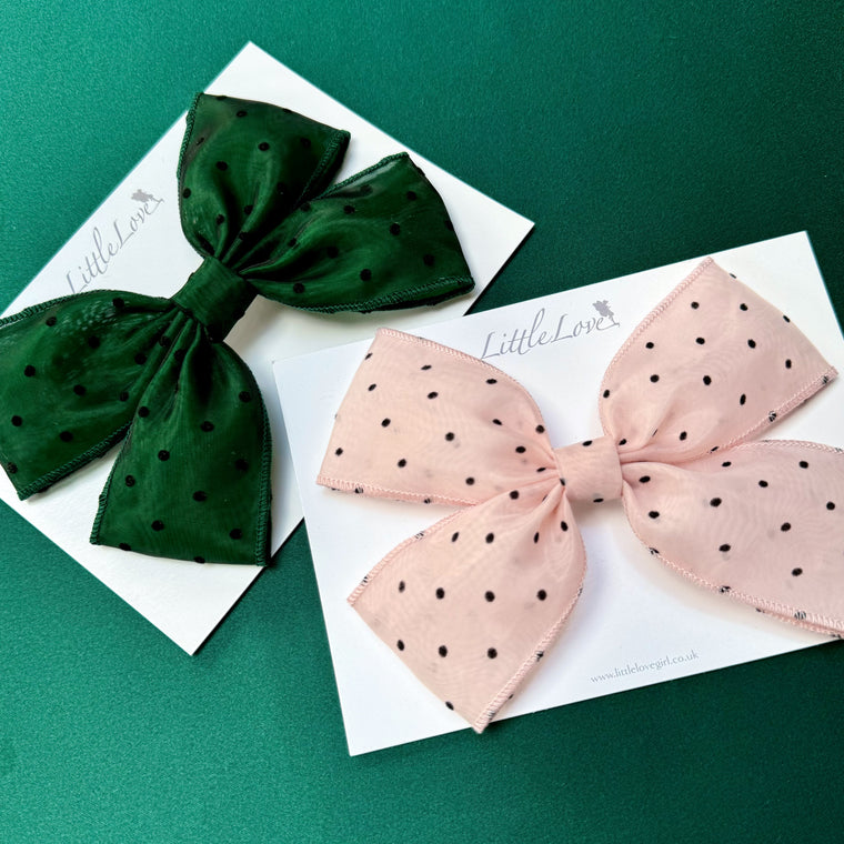 Little Love Emerald Green Bow With black polka dots, black spot bow, emerald green hair bow, wicked hair bow, wicked hair accessories, Elphaba Bow, Wicked accessory, Wicked movie merch, Green Hair Bow, Dark Green bow for girls, Hair bow in emerald green, little girls hair bows, UK Bow Shop, Hair bows to buy