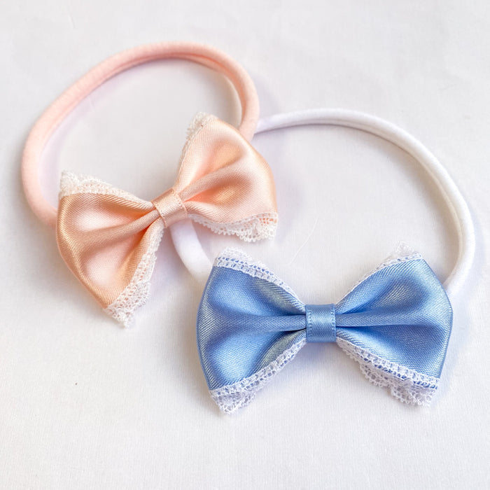 Fleur Frill Satin Baby Bow Headband / Peach Blush