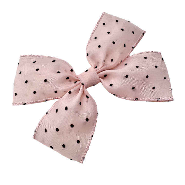 Little Love Blush Pink Bow With black polka dots, black and pink spot bow, Glinda Hair bow, wicked hair bow, wicked hair accessories, Galinda Bow, Wicked hair accessory, Wicked movie merchandise, Wicked Hair Bow, Blush Wicked Hair Accessories, Hair bow in pink, little girls hair bows, Hair bows uk, Wicked UK, Wicked musical Merch