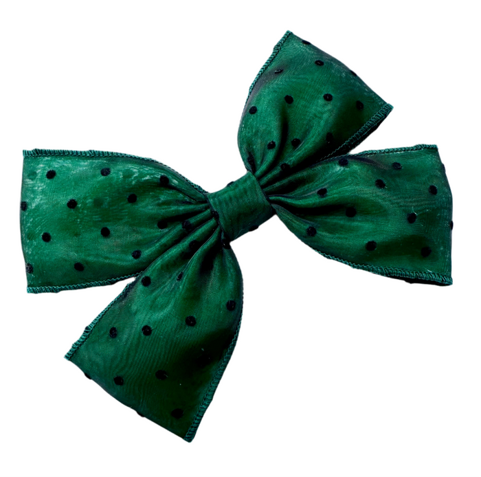 Little Love Emerald Green Bow With black polka dots, black spot bow, emerald green hair bow, wicked hair bow, wicked hair accessories, Elphaba Bow, Wicked accessory, Wicked movie merch, Green Hair Bow, Dark Green bow for girls, Hair bow in emerald green, little girls hair bows, UK Bow Shop, Hair bows to buy