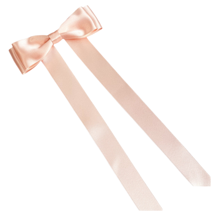 Children’s Satin Bow Barrette in Peach Blush, for flower girls and weddings, Oversize satin hair bow, children’s peach satin hair bow, silk satin hair bow uk, peach bow for flower girl, flower girl bow satin, large silk bow uk, peach satin bow, Pantone peach fuzz, peach fuzz, peach hair bow for child
