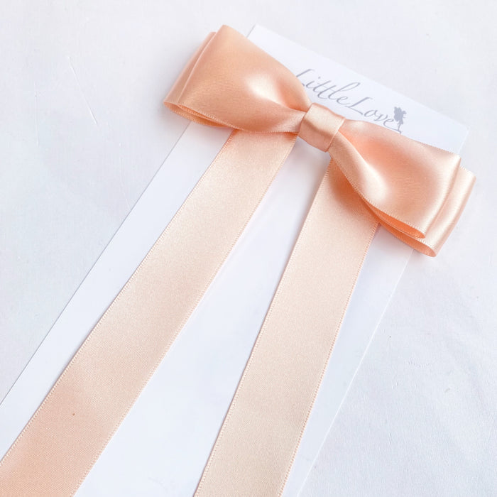 Satin Bow Barrette in Peach Blush, for flower girls and weddings, Oversize satin hair bow, peach satin hair bow, silk satin hair bow uk, peach bow for flower girl, flower girl bow satin, large silk bow uk, peach satin bow, barrette, hair bow for flower girl, flower girl peach hair bow