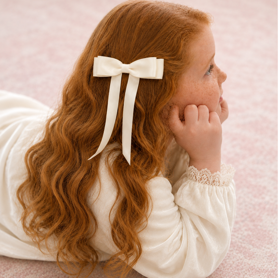 A young girl with long, wavy red hair lies on her stomach on a soft pink carpet, wearing an  ivory lace flower girls dress and a cream ivory satin bow hair clip from Little Love.