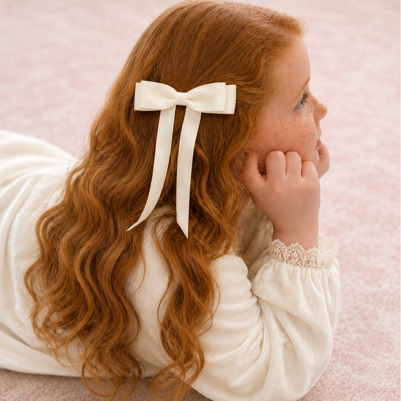 A young girl with long, wavy red hair lies on her stomach on a soft pink carpet, wearing an  ivory lace flower girls dress and a cream ivory satin bow hair clip from Little Love.