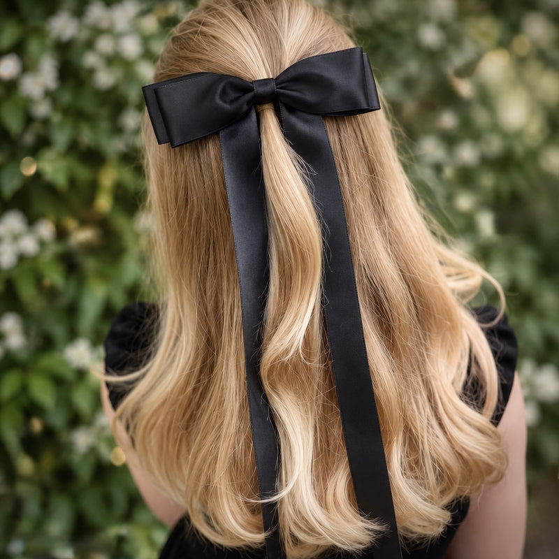 black satin hair bow barrette worn by blonde girls with soft waves, worn in half up half down hairstyle 
