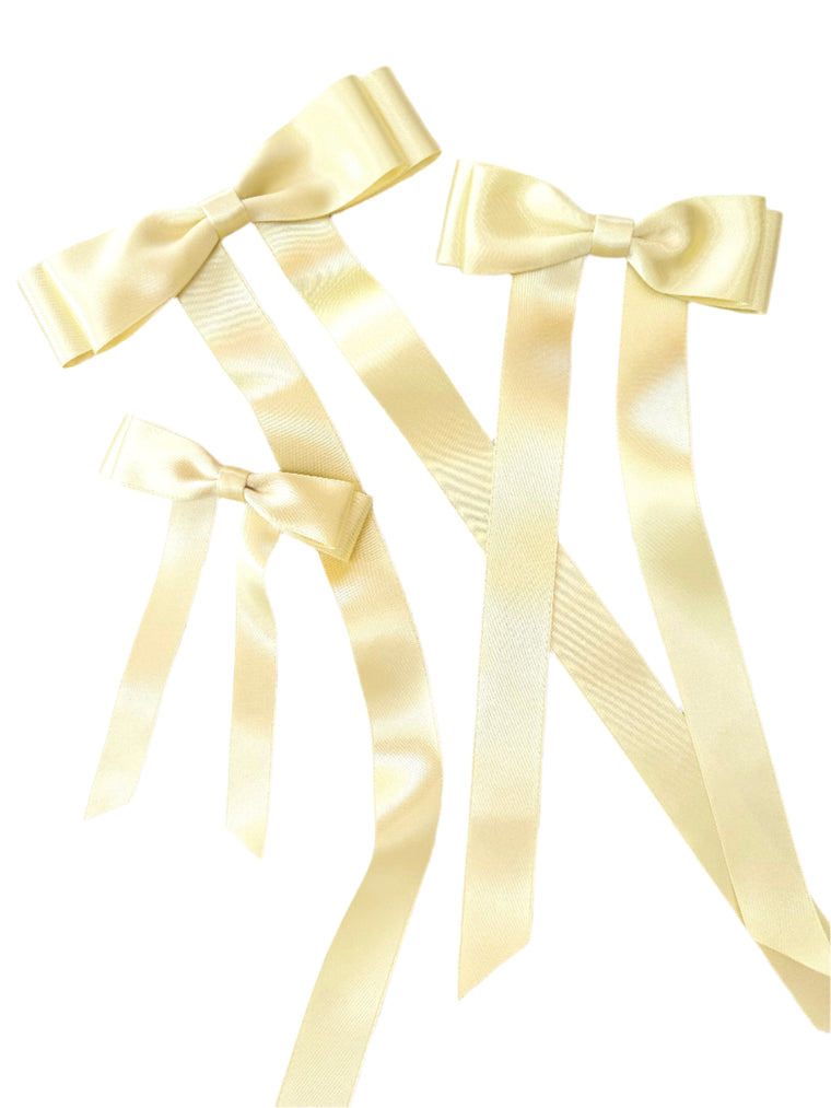 Fleur Satin Bow Barrette in butter yellow, yellow satin bow, lemon yellow hair bow, childrens yellow hair bow, Hair Bow in Butter yellow, lemon yellow hair bow, yellow flower girl, pale yellow bow for hair, childs hair bow in yellow, butter yellow bow
