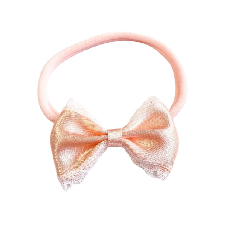 Fleur Frill Satin Baby Bow Headband / Peach Blush