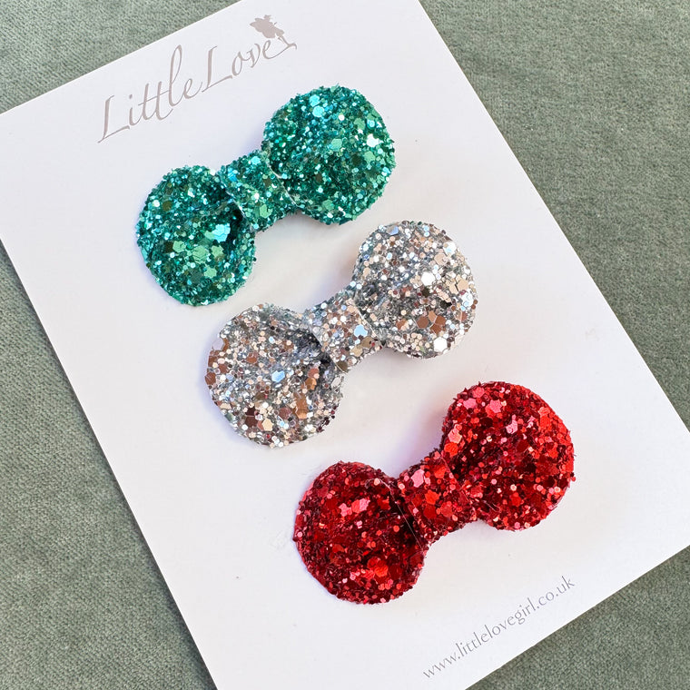 Mini Glitter Bow Hair Clip Set/ FESTIVE