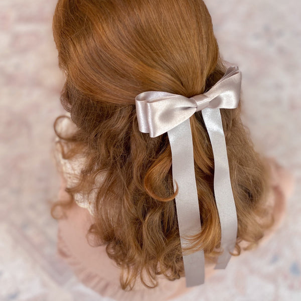 FLEUR Satin Bow Barrette/ SILVER PEARL