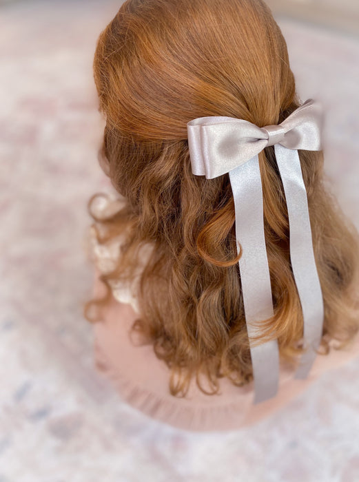 FLEUR Satin Bow Barrette/ SILVER PEARL