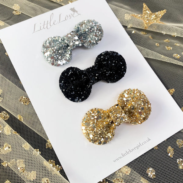 Mini Glitter Bow Hair Clip Set / TOP HAT