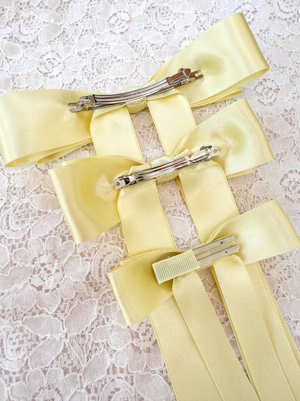 Fleur Satin Bow Barrette in butter yellow, yellow satin bow, lemon yellow hair bow, childrens yellow hair bow, Hair Bow in Butter yellow, lemon yellow hair bow, yellow flower girl, pale yellow bow for hair, childs hair bow in yellow, butter yellow bow