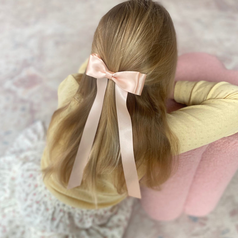 Satin Bow Barrette in Peach Blush, for flower girls and weddings, Oversize satin hair bow, peach satin hair bow, silk satin hair bow uk, peach bow for flower girl, flower girl bow satin, large silk bow uk, peach satin bow, barrette, hair bow for flower girl, flower girl peach hair bow