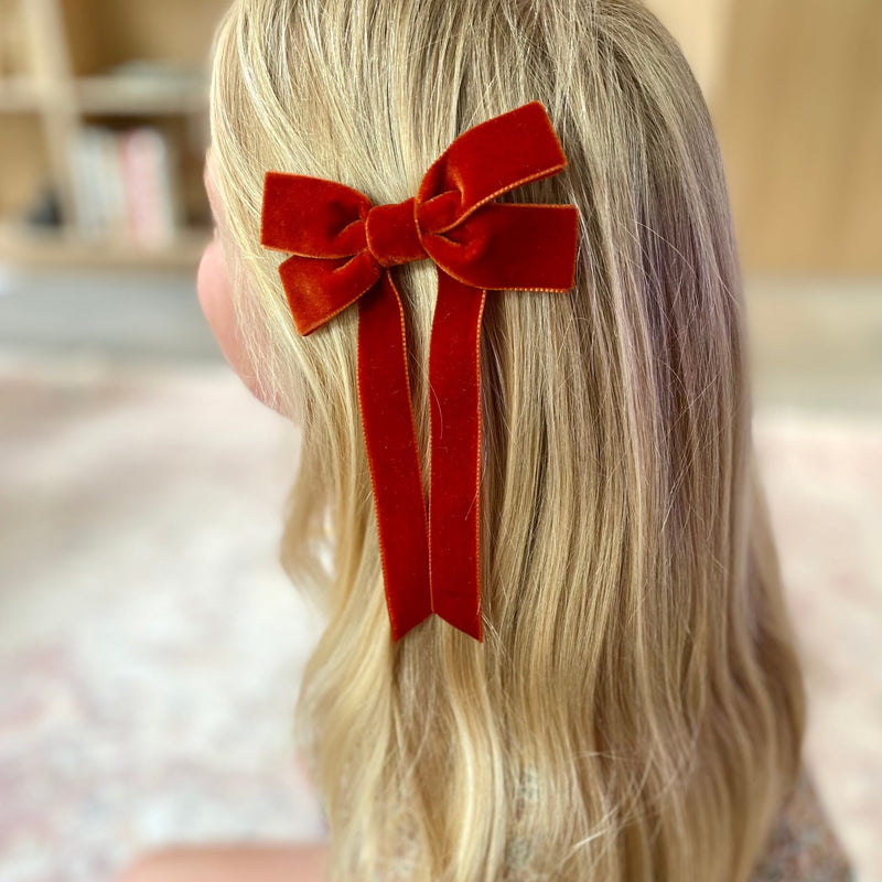 Fable Petite Velvet Bow in Saffron Velvet, perfect for everyday, Christmas and special occasions, copper velvet hair bow, orange velvet bow, velvet hair bow uk, copper bow, autumn velvet bow clip, autumn hair bows for girls, copper bow hairclip, little girls velvet hair bow clip, pumpkin spice