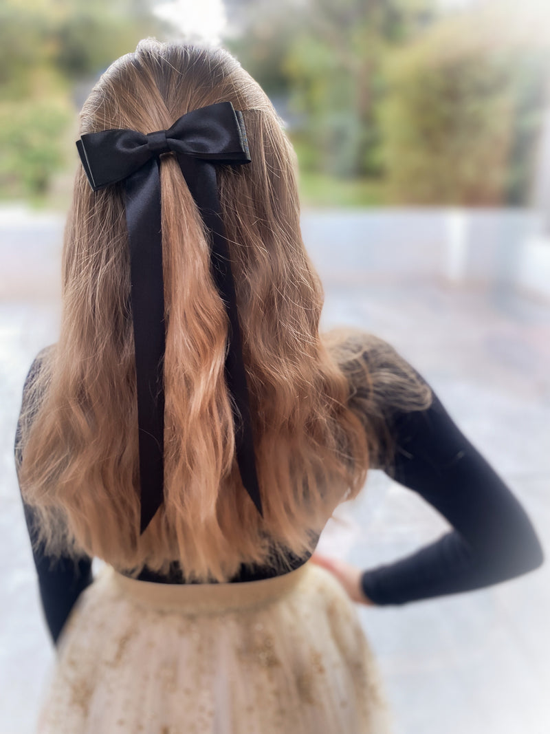 FLEUR Satin Bow Barrette/ JET BLACK