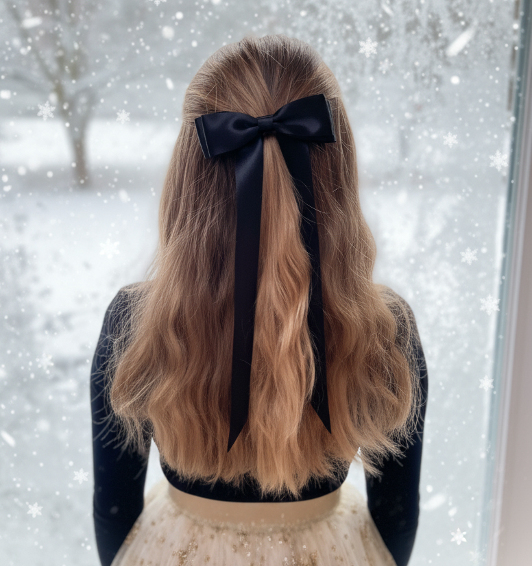 FLEUR Satin Bow Barrette/ JET BLACK