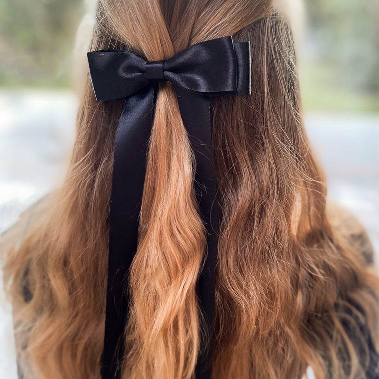 FLEUR Satin Bow Barrette/ JET BLACK