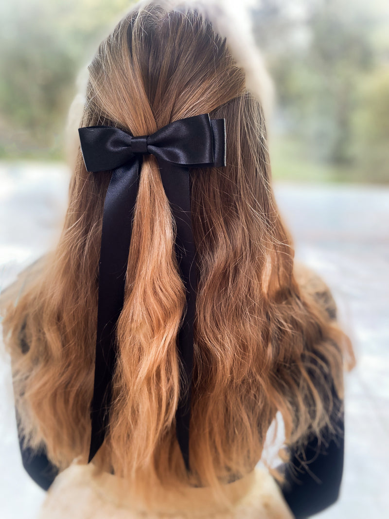 FLEUR Satin Bow Barrette/ JET BLACK