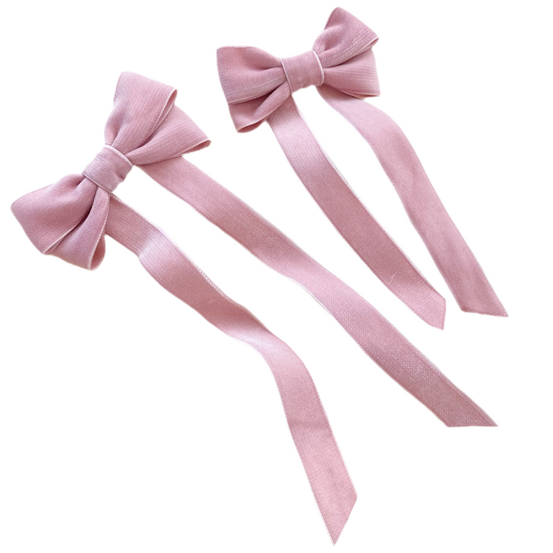 Blush Pink Velvet Hair Bow Barrettes Cut out image on white background, flower girl bows pink cut out