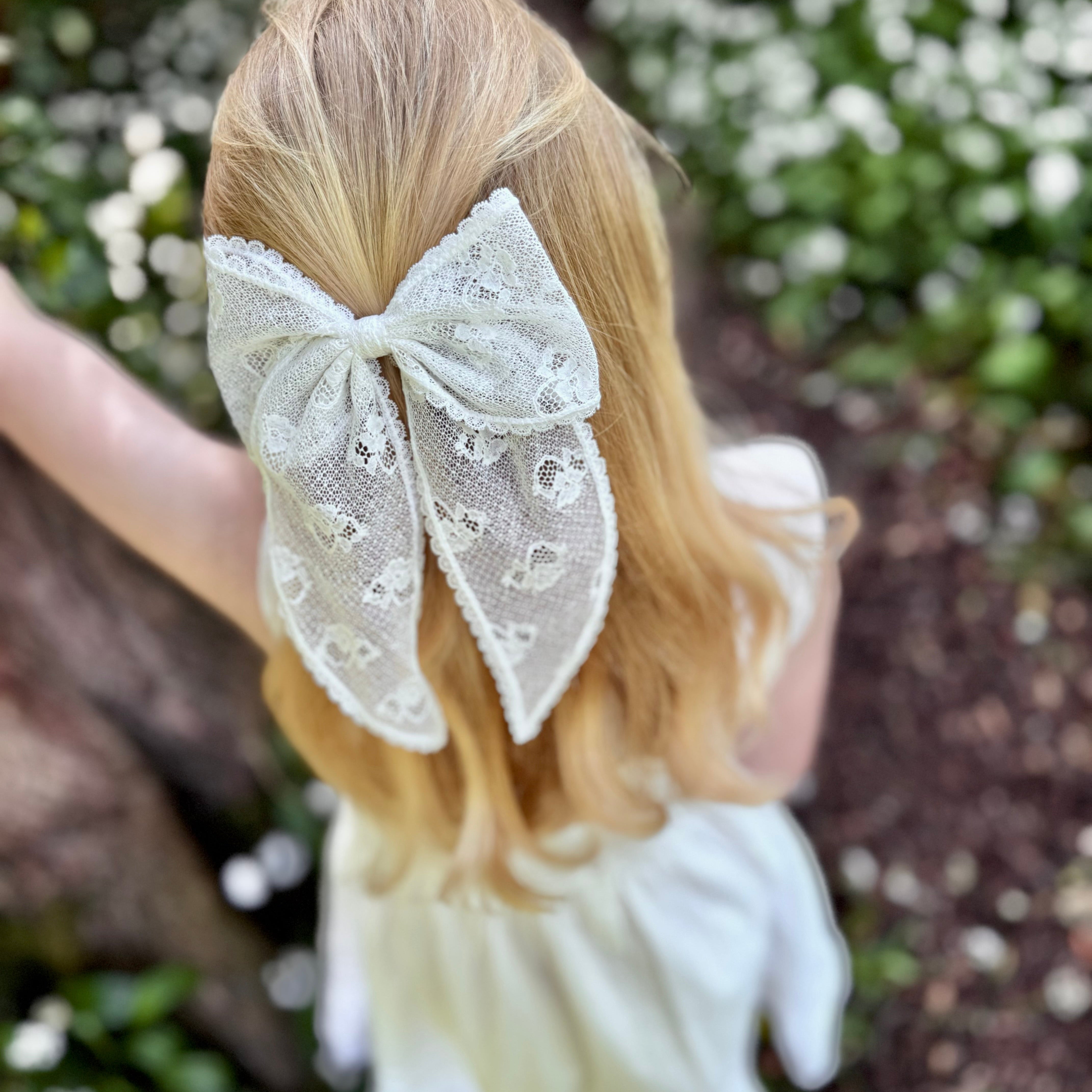 Little Love Lace Bow Barrette in Ivory, Ivory Lace hair bow child, Lace Hair Bow in Ivory, Lace hair bow flower girl, Flower girl hair bow, flower girl bow, Ivory flower girl bow for hair, hair bow for flower girl, white lace hair bow, lace hair bow clip, bridesmaid hair bow ivory