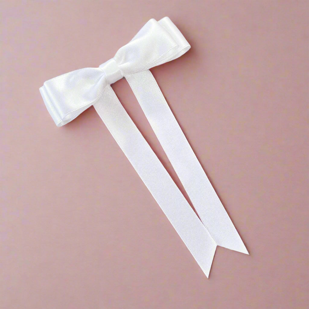 Little Love Childrens White Satin Bow in Petite Size, Satin Fleur Bow in White, White hair bow for flower girl, Pure White Satin Hair Bow for child, children's white hair bow, little girls white hair bow clip, flower girl white bow