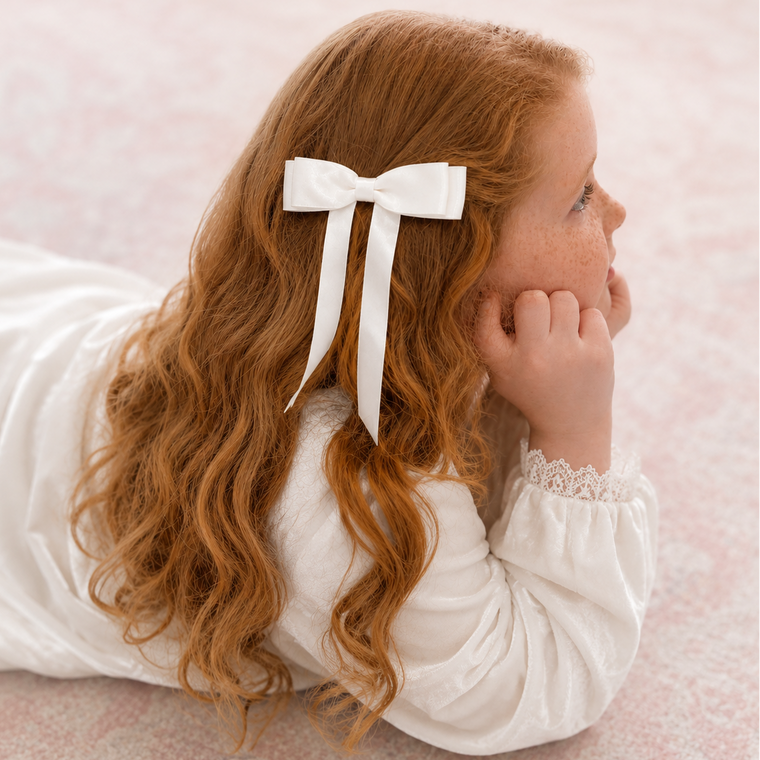 A young girl with long, wavy red hair lies on her stomach, wearing a white long-sleeve dress and a Little Love white satin bow hair clip. She is looking to the side against a soft, light pink textured background.