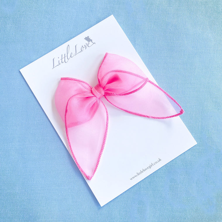 Little Love Silk Organza Barbie inspired Hair Bow in bright pink for little girls, silk organza bow, silk hair bow, barbie bow for hair, bright pink hair bow, hair clip for flower girl, barbie bow, candy pink hair bow, organza hair bow for little girls, silk organza blush bow, pink hair bow, barbiemovie, barbiecore