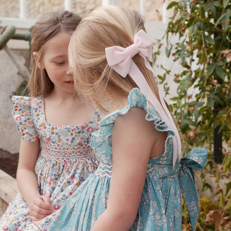 Fable Velvet Bow Barrette in pale pink, Pink Fable bow barrette, flower girl bows, Oversize velvet hair bow, large velvet bow uk, pink velvet bow barrette, hair bow for little  girl, girls wearing hair accessories uk, pink hair bows for little girls 