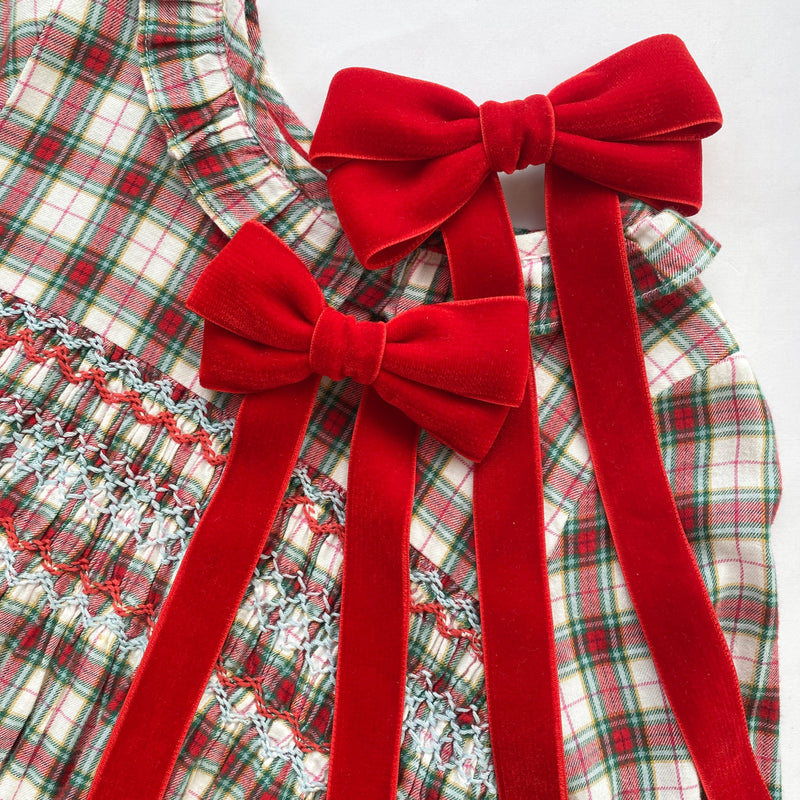 Red Velvet Hair Bows with Red and Green Tartan Smocked dress for child 