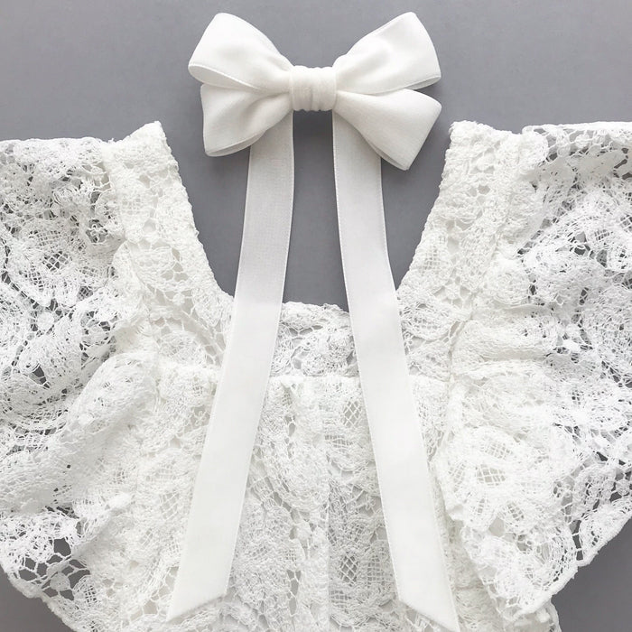 Ivory Velvet Bow Barrette with ivory lace dress