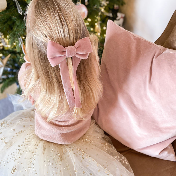 Little Love velvet bow hair clip in pink, christmas velvet bow hair barrette, large velvet bow uk, azalea pink velvet hair bow, bow for flower girl, pink flower girl bow, Pink velvet hairbow, blush pink velvet hairbow, velvet bow barrette, Jennifer behr bow barrette christmas