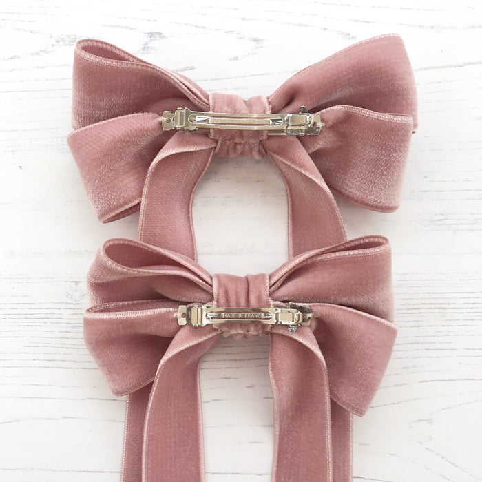 Little Love Ever After Pink Azalea Bow Barrette, image shows genuine French barrettes, how to fasten into hair