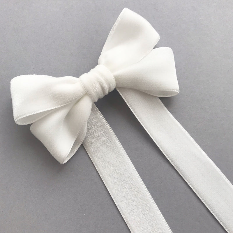 Little Love Velvet Hair Bow Barrette, Ever After Velvet Bow Ivory on silver grey background detail