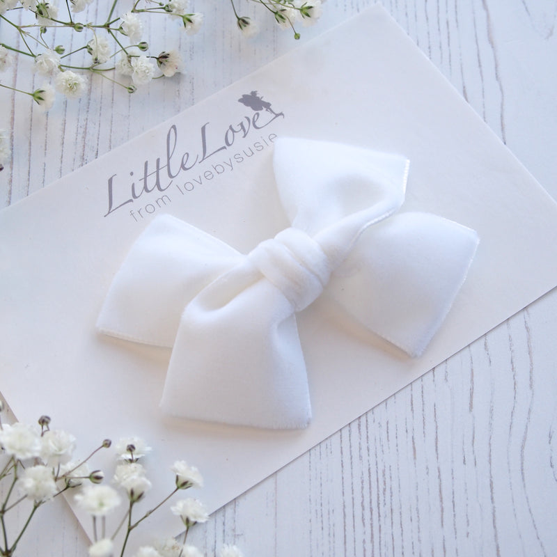 Little Love velvet bow hair clip in Ivory or White, flower girl bow hair clip, large velvet bow uk, ivory velvet hair bow, bow for flower girl, white flower girl bow, Ivory hair bow in velvet, velvet hair bows, flower girl hair accessory, Ivory bow for flower girl, Velvet hair bows,White bow for flower girls hair