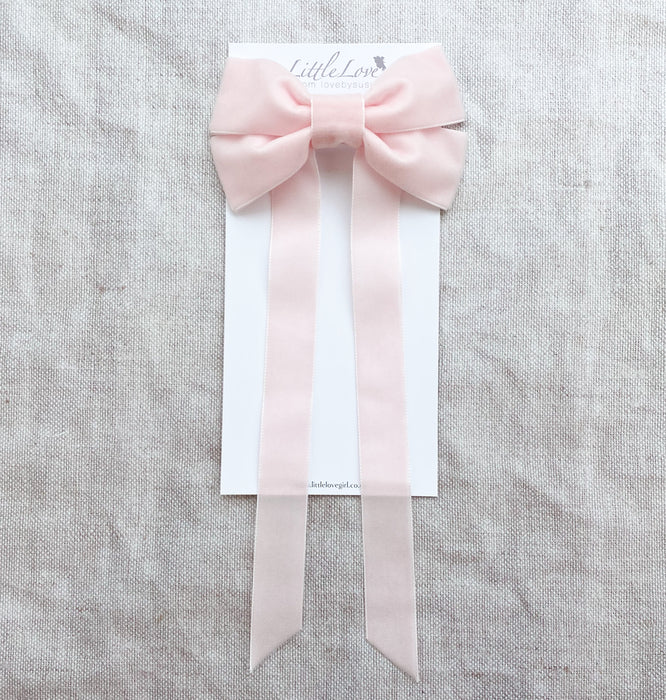 Fable Velvet Bow Barrette in pale pink, Pink Fable bow barrette, flower girl bows, Oversize velvet hair bow, large velvet bow uk, pink velvet bow barrette, hair bow for little  girl, girls wearing hair accessories uk, pink hair bows for little girls 