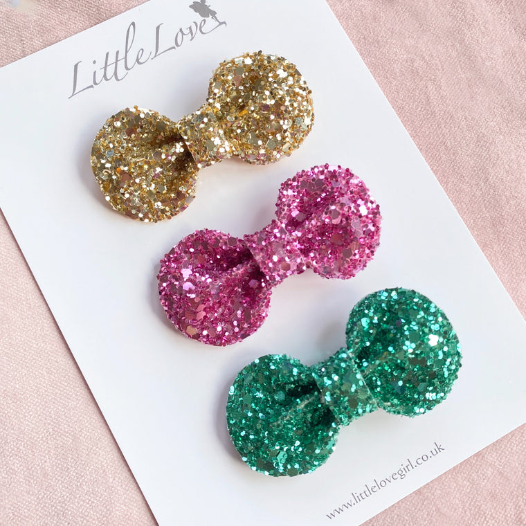 Mini Glitter Bow Hair Clip Set / JEWEL