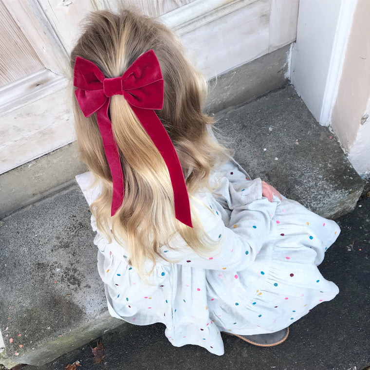 Velvet Fable Bow Barrette from Little Love, Oversize velvet hair bow, red velvet hair bow, pink velvet hair bow, red christmas bow hair clip, large velvet bow uk, red velvet hair bow, bow for flower girl, red Christmas hair bow, flower girl hair accessories uk, velvet bow barrette red bow