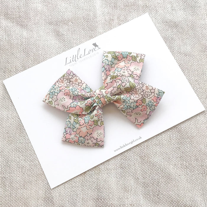 Shop Little Love Prairie style, Liberty London Michelle floral bow hair clip, Liberty floral print cotton bow hair clips for little girls, floral print cotton bow hair clips, liberty hair accessories, liberty print hair bows, uk handmade hair bows, oversize liberty fabric bow hair clips, liberty tana lawn hair bows