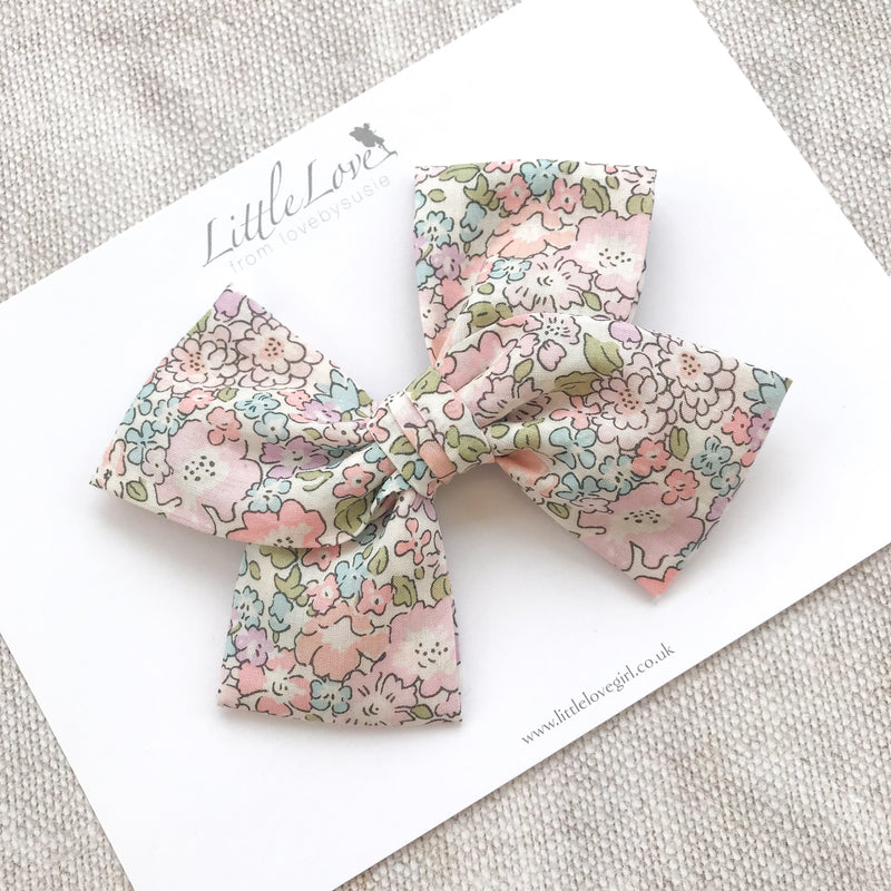 Shop Little Love Prairie style, Liberty London Michelle floral bow hair clip, Liberty floral print cotton bow hair clips for little girls, floral print cotton bow hair clips, liberty hair accessories, liberty print hair bows, uk handmade hair bows, oversize liberty fabric bow hair clips, liberty tana lawn hair bows