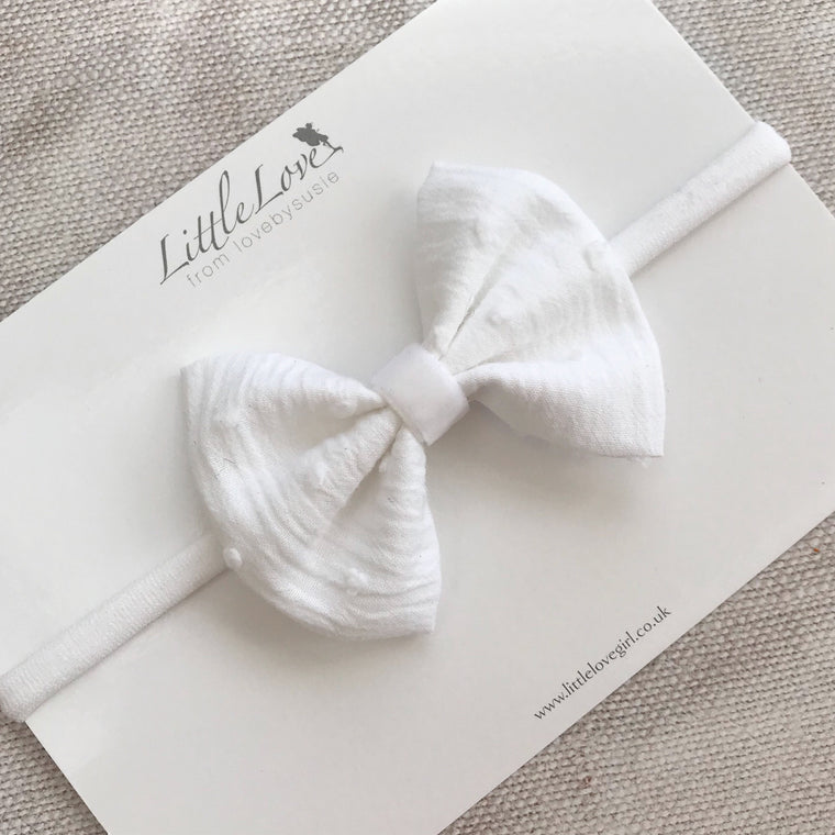 Little Love white cotton bow headband, white baby bow headband, christening headband, baptism baby headband in white, white baby headband, white bow hair clip, cotton spot hair clips, white hair bows, cotton bow headband,white cotton bow headband, white cotton hair bow, white baby hairbows, white baby bow headband, white cotton baby bow, swiss dot bow