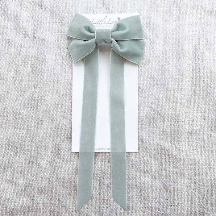 Velvet Fable Bow Barrette from Little Love in Silver Mist,, Oversize velvet hair bow, silver bluevelvet hair bow, grey velvet hair bow, pale blue christmas bow hair clip, large velvet bow uk, silver mist velvet hair bow, bow for flower girl, Christmas hair bow, flower girl hair accessories uk