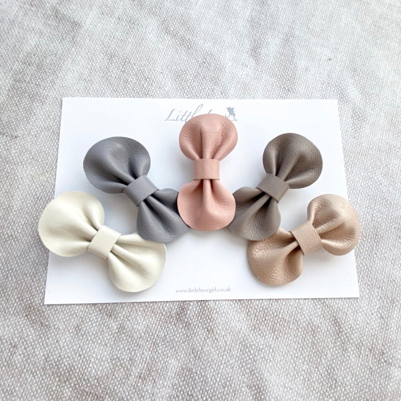 Baby or Toddler neutral set of leather bow hair clips, in pretty neutral colours, Baby Hair Accessories, Baby Hair Clips, Toddler Hair Bows, Leather Bows, rainbow hair clips, rainbow hair bows, neutral leather bows, neutral hair bow clips, neutral rainbow hair clip gift, neutral rainbow gifts for girls