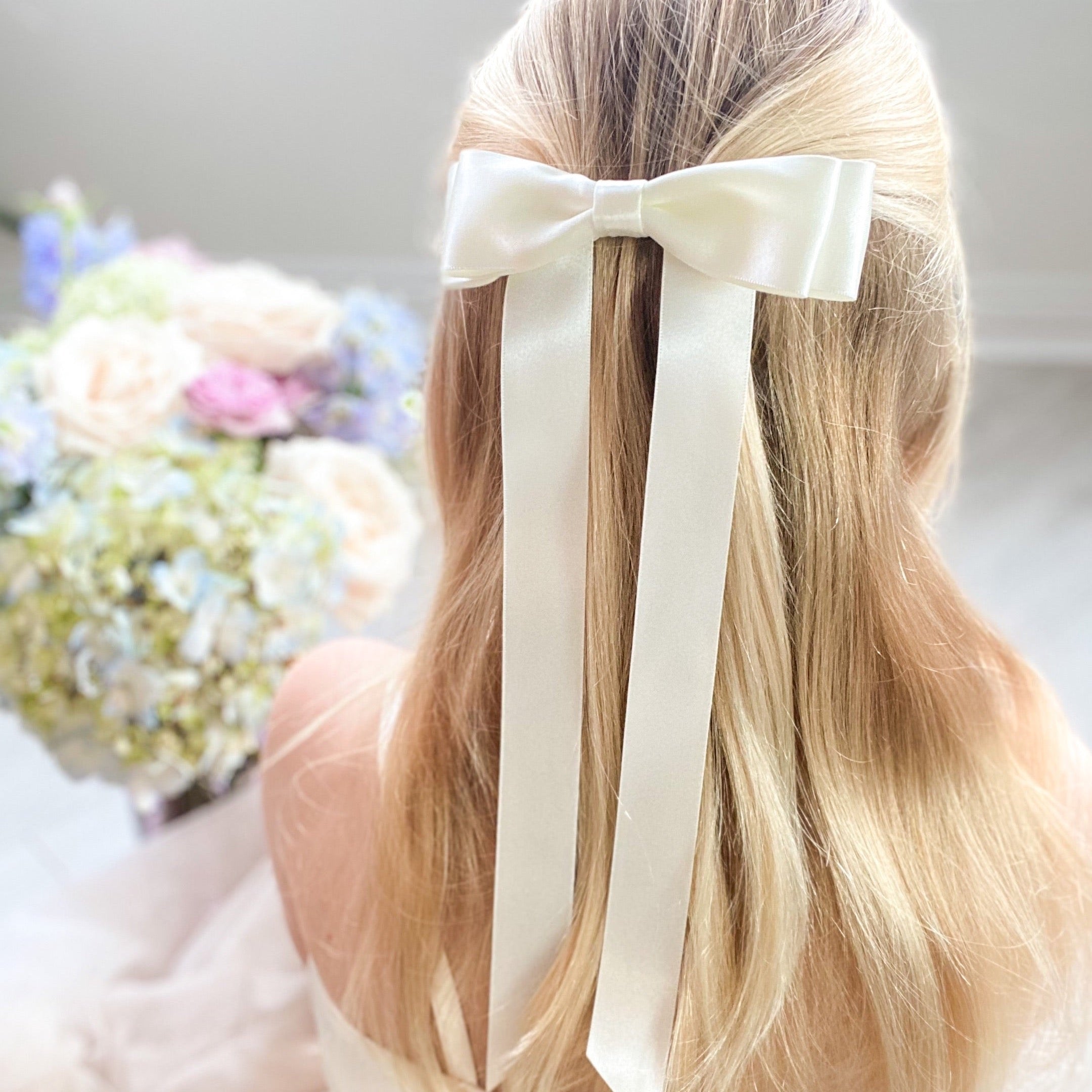 Fleur Satin Bow Barrette in Ivory, perfect for flower girls and weddings, Oversize satin hair bow, Ivory satin hair bow, silk satin hair bow uk, Ivory bow for flower girl, flower girl bow satin, large silk bow uk, cream satin bow, barrette, hair bow for flower girl, flower girl hair accessory