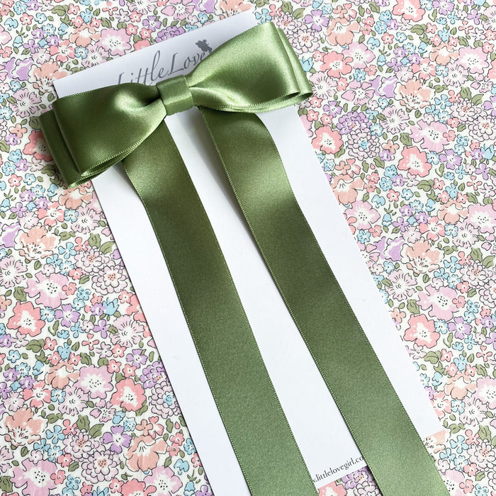 Fleur Satin Bow Barrette in Willow Green, perfect for flower girls and weddings, Oversize satin hair bow, green satin hair bow, silk satin hair bow uk, green bow for flower girl, flower girl bow satin, large silk bow uk, green satin bow, barrette, hair bow flower girl, flower girl hair accessory