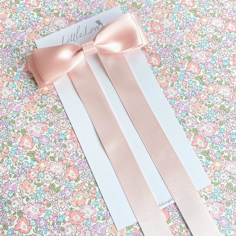 Little Love Fleur Satin Bow Barrette in Pink, perfect for flower girls and weddings, Oversize satin hair bow, pale pink satin hair bow, silk satin hair bow uk, pink bow for flower girl, flower girl bow satin, large silk bow uk, pink satin bow, satin bow barrette, hair bow in pink satin, flower girl wearing pink bow, flower girl pink hair accessory