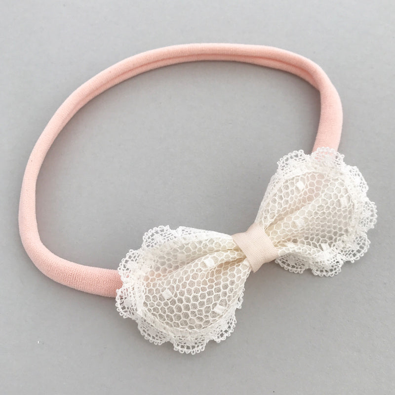 Sophia Spot Lace Bow Baby Headband, Baby or Toddler Ivory bow headband in Ivory and Pale Pink, Ivory Baby Bow Baby Bow For Wedding, Ivory Christening headband, Toddler Bow, Pink Baby Headband, Ivory Baby Bow Headband